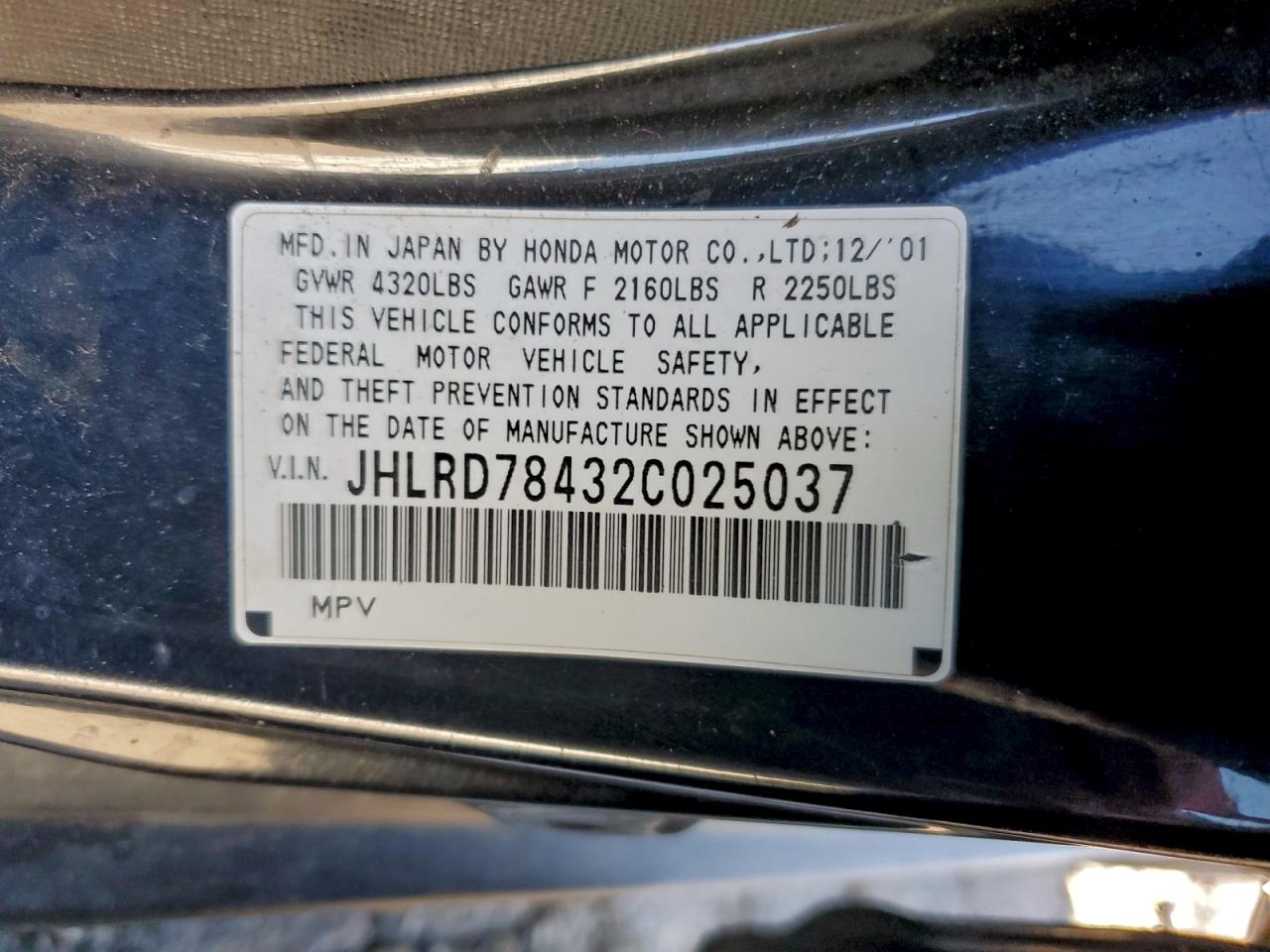 2002 Honda Cr-V Lx VIN: JHLRD78432C025037 Lot: 96008435