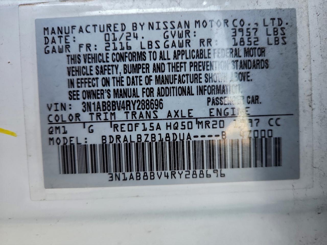 2024 Nissan Sentra S VIN: 3N1AB8BV4RY288696 Lot: 96716925