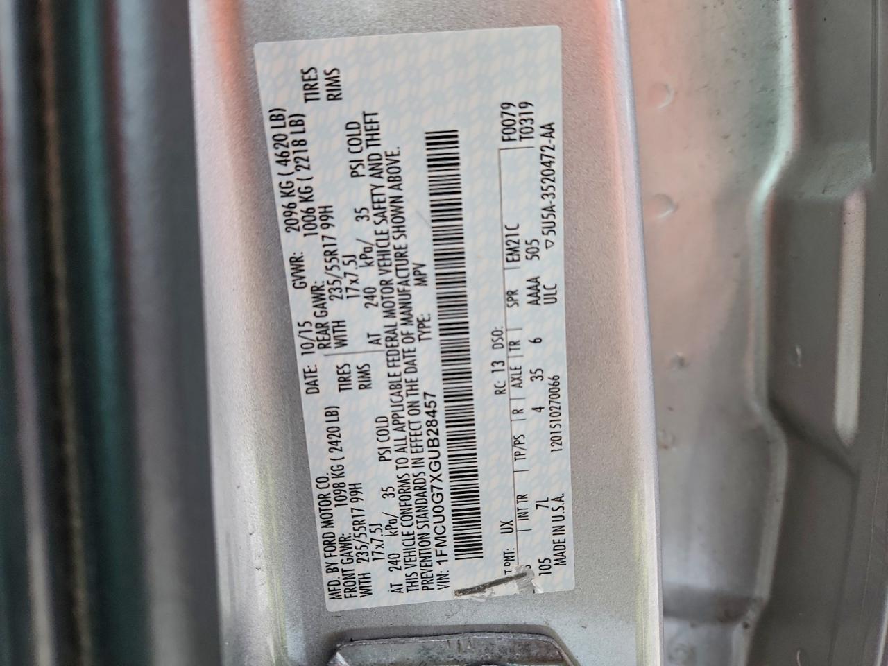 2016 Ford Escape Se VIN: 1FMCU0G7XGUB28457 Lot: 95344995