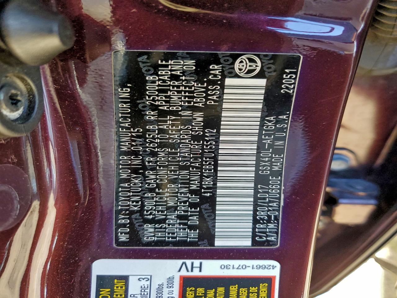 2015 Toyota Avalon Xle VIN: 4T1BK1EB5FU155112 Lot: 95913795