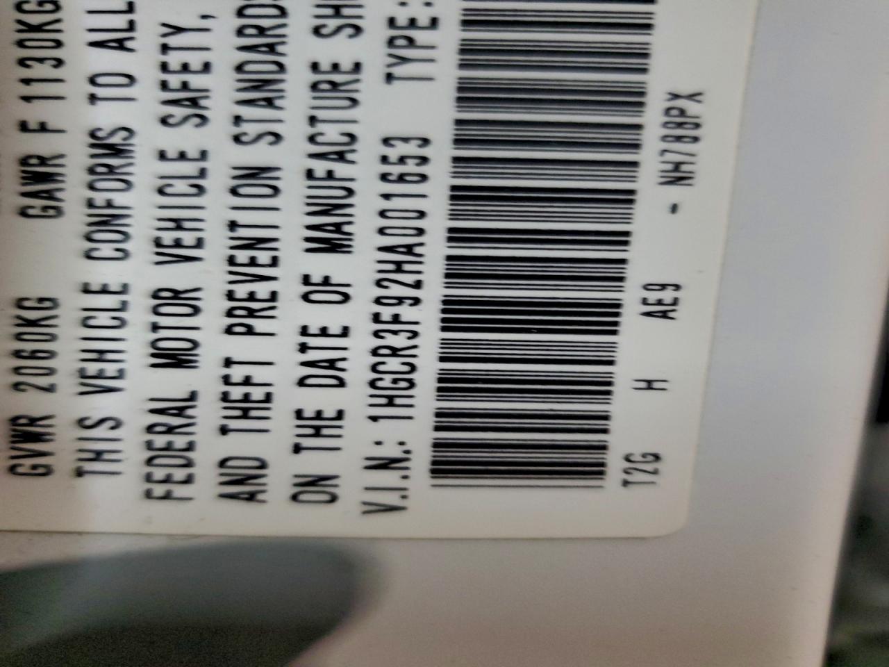 2017 Honda Accord Tou VIN: 001653 Lot: 96005225