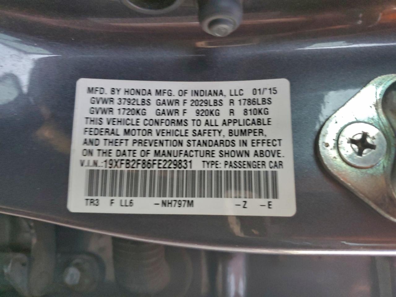 2015 Honda Civic Ex VIN: 19XFB2F86FE229831 Lot: 94635365