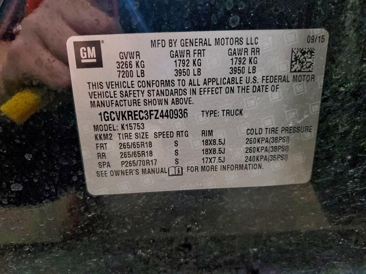 2015 Chevrolet Silverado K1500 Lt VIN: 1GCVKREC3FZ440936 Lot: 94897015