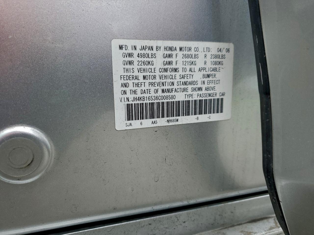 2006 Acura Rl VIN: JH4KB16536C008580 Lot: 95989945