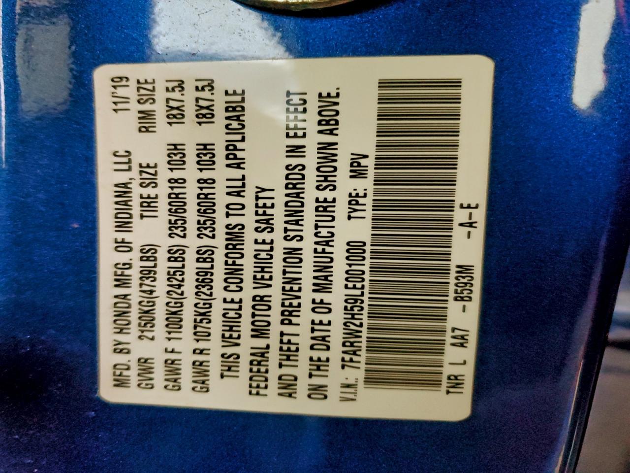 2020 Honda Cr-V Ex VIN: 7FARW2H59LE001000 Lot: 94076515