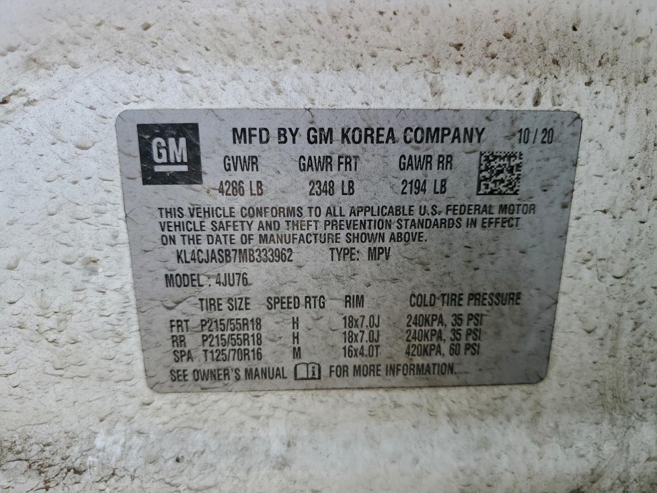 2021 Buick Encore Preferred VIN: KL4CJASB7MB333962 Lot: 96236765