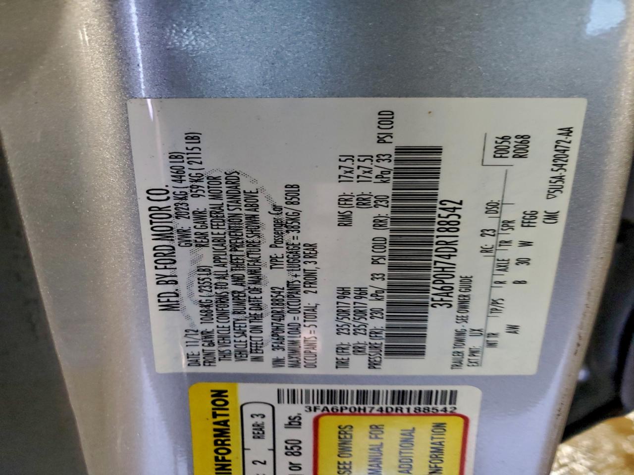 2013 Ford Fusion Se VIN: 3FA6P0H74DR188542 Lot: 94722155