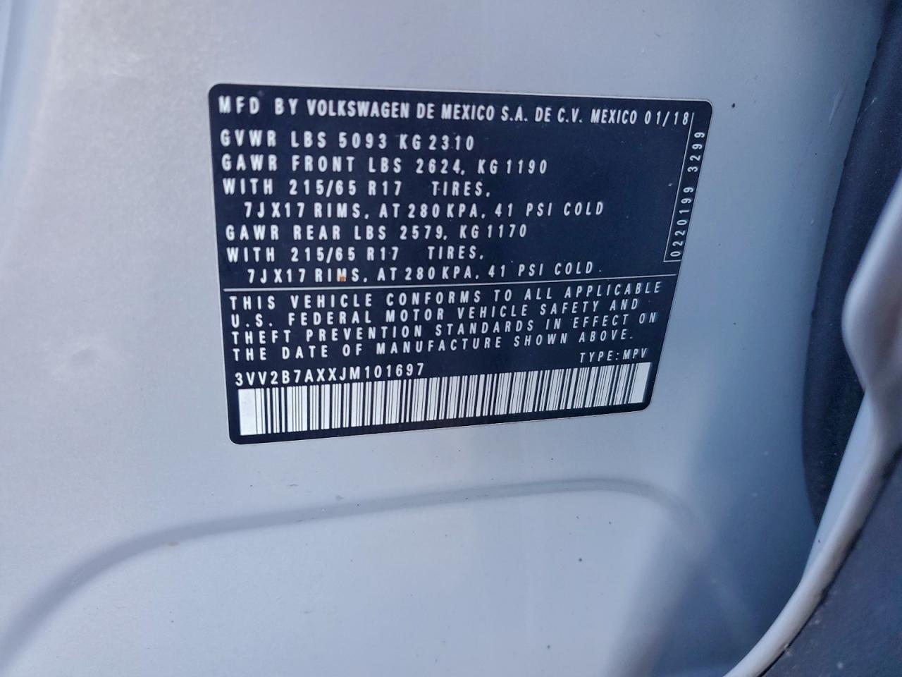 2018 Volkswagen Tiguan Se VIN: 3VV2B7AXXJM101697 Lot: 95329395