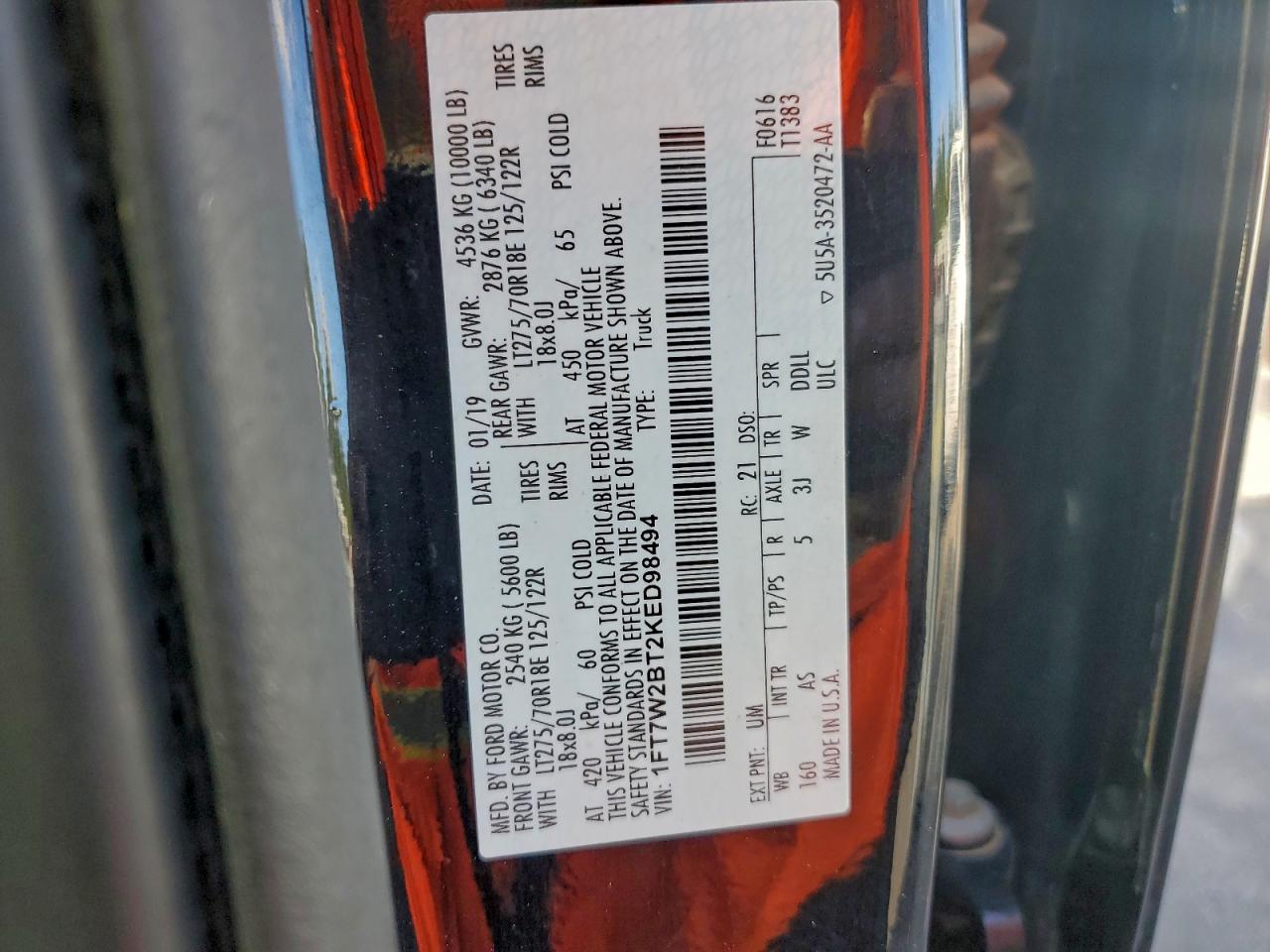 2019 Ford F250 Super Duty VIN: 1FT7W2BT2KED98494 Lot: 96917235