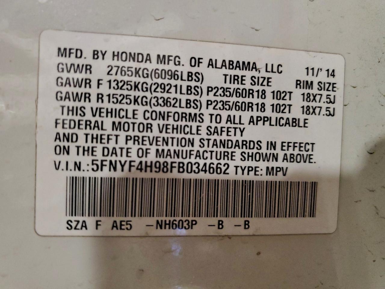 2015 Honda Pilot Touring VIN: 5FNYF4H98FB034662 Lot: 94132225