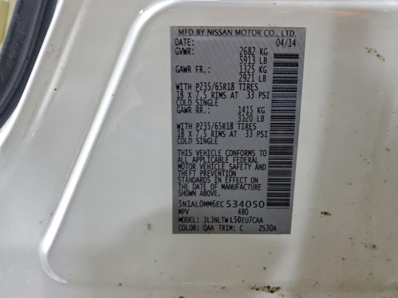 2014 Infiniti Qx60 VIN: 5N1AL0MM6EC534050 Lot: 95251055