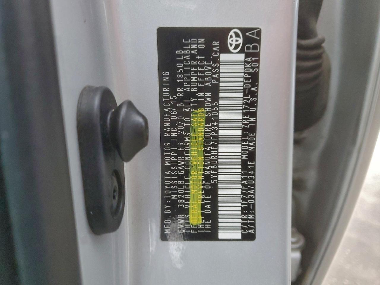 2015 Toyota Corolla L VIN: 5YFBURHE7FP341055 Lot: 94558885