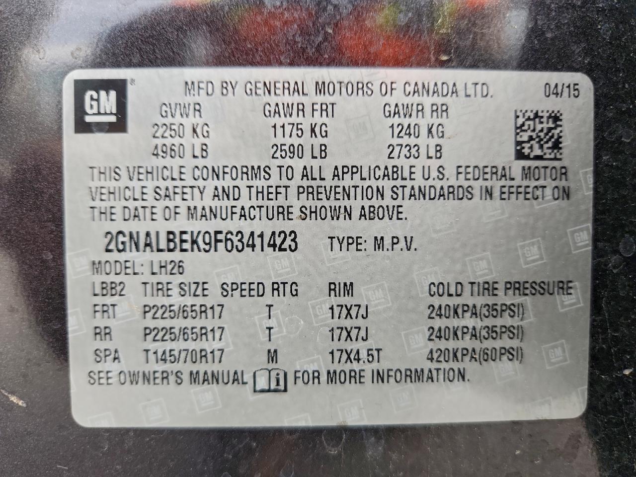 2015 Chevrolet Equinox Lt VIN: 2GNALBEK9F6341423 Lot: 96837425