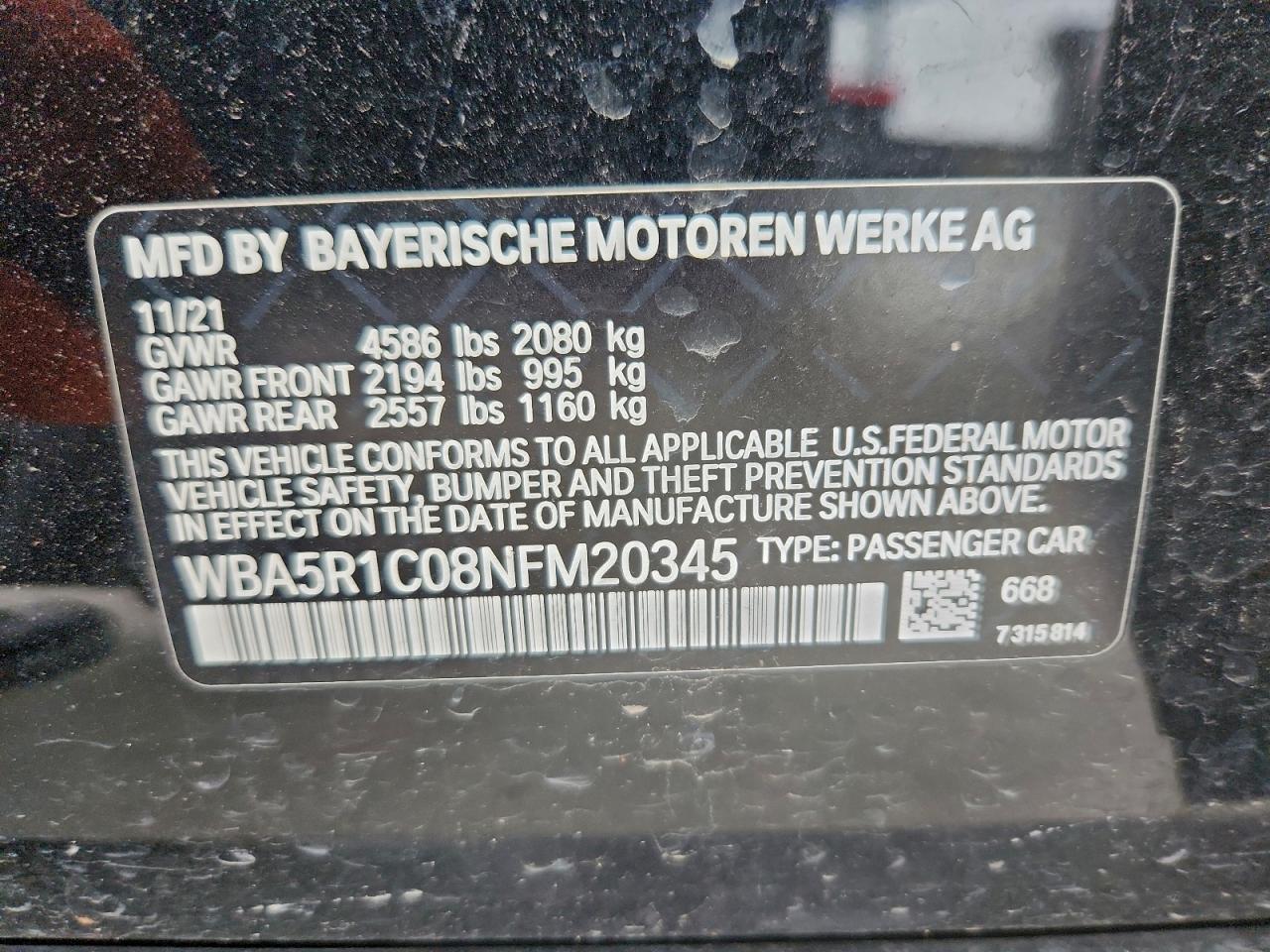 2022 BMW 330I VIN: WBA5R1C08NFM20345 Lot: 95454835