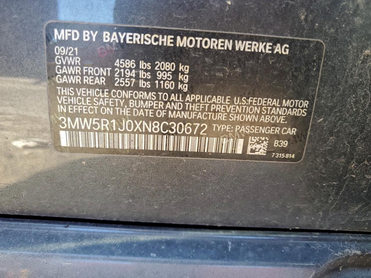 2022 BMW 330I VIN: 3MW5R1J0XN8C30672 Lot: 95921935