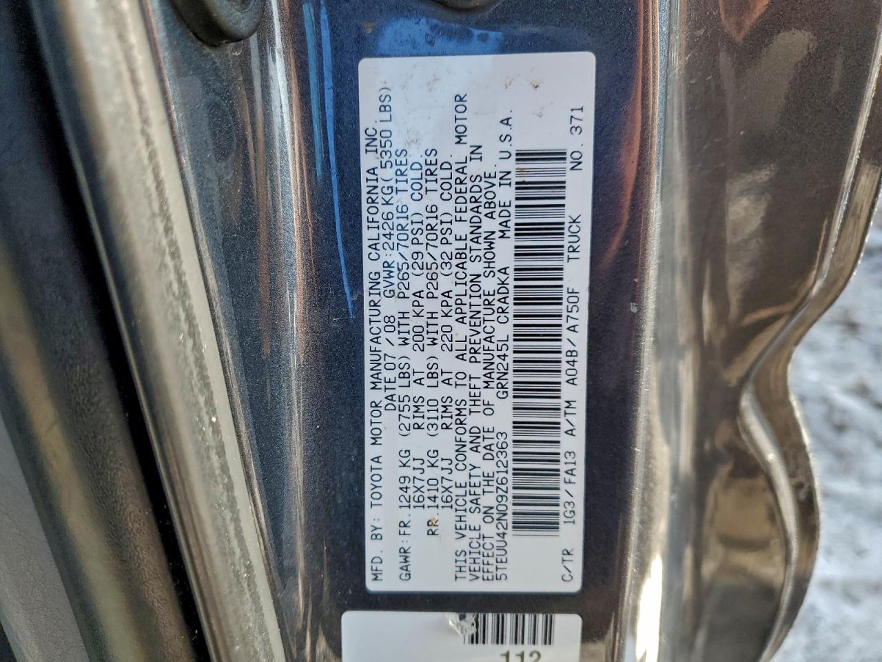 2009 Toyota Tacoma Access Cab VIN: 5TEUU42N09Z612363 Lot: 96686725