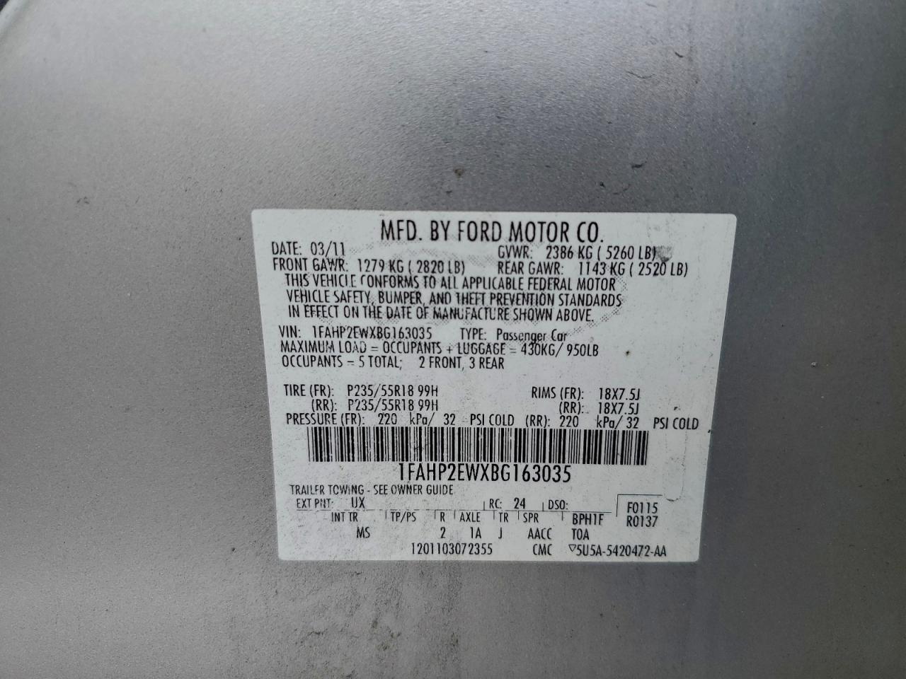 2011 Ford Taurus Sel VIN: 1FAHP2EWXBG163035 Lot: 96329065