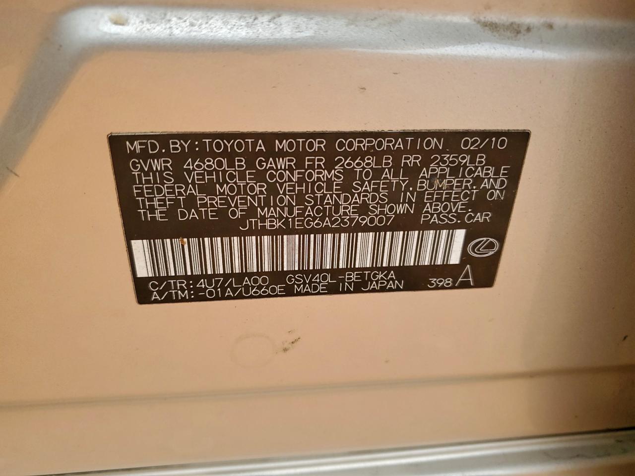 2010 Lexus Es 350 VIN: JTHBK1EG6A2379007 Lot: 96815425