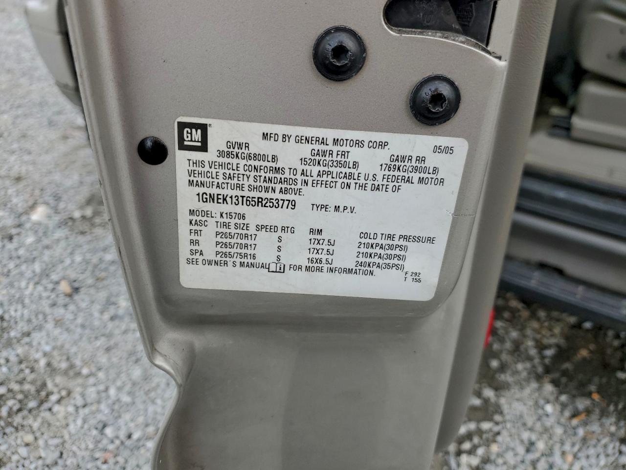 2005 Chevrolet Tahoe K1500 VIN: 1GNEK13T65R253779 Lot: 95278315