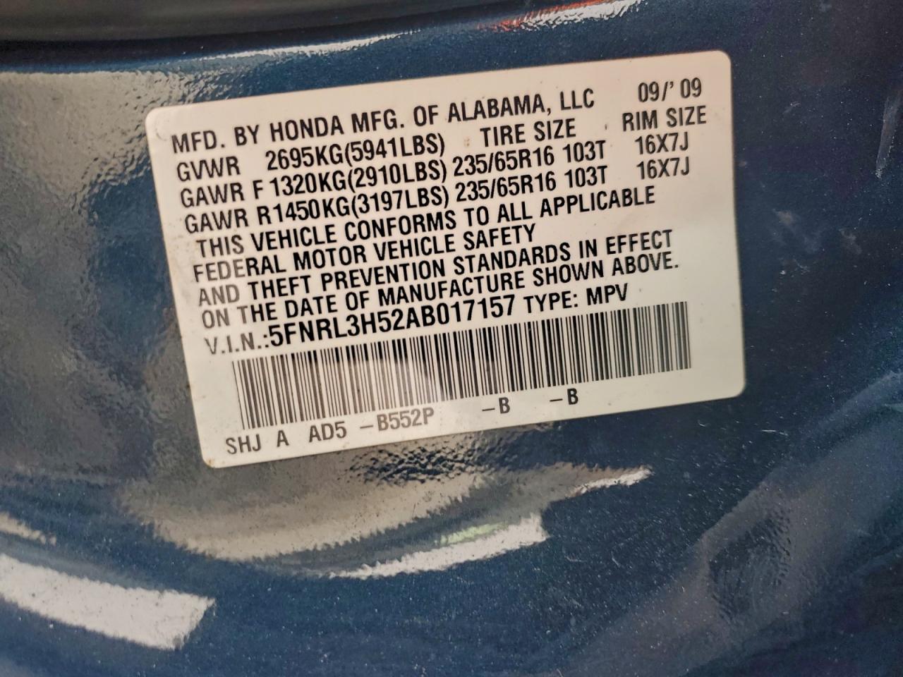 2010 Honda Odyssey Ex VIN: 5FNRL3H52AB017157 Lot: 96624395