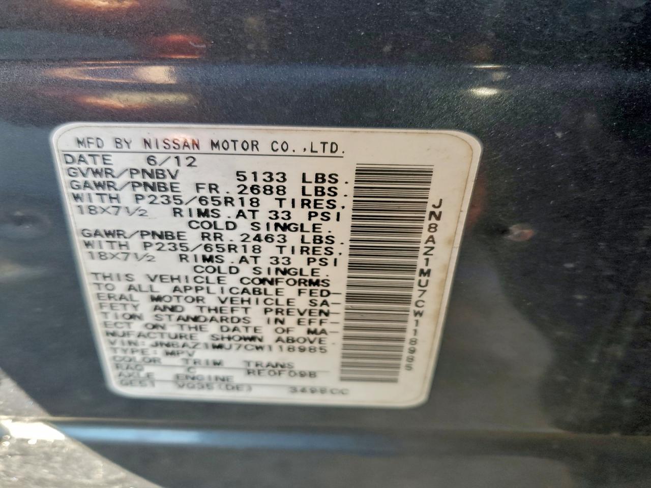 2012 Nissan Murano S VIN: JN8AZ1MU7CW118985 Lot: 93831105