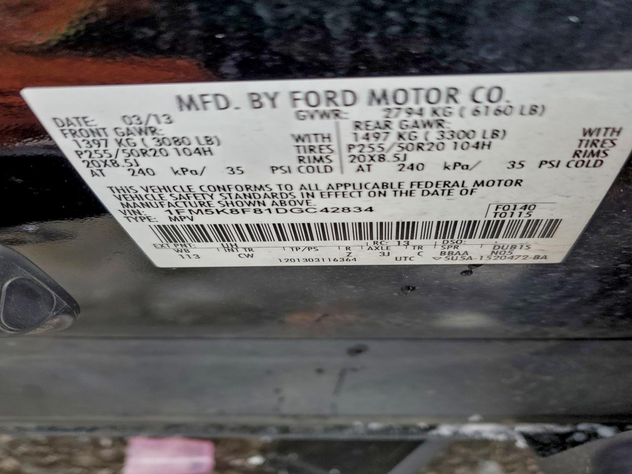 2013 Ford Explorer Limited VIN: 1FM5K8F81DGC42834 Lot: 94415545