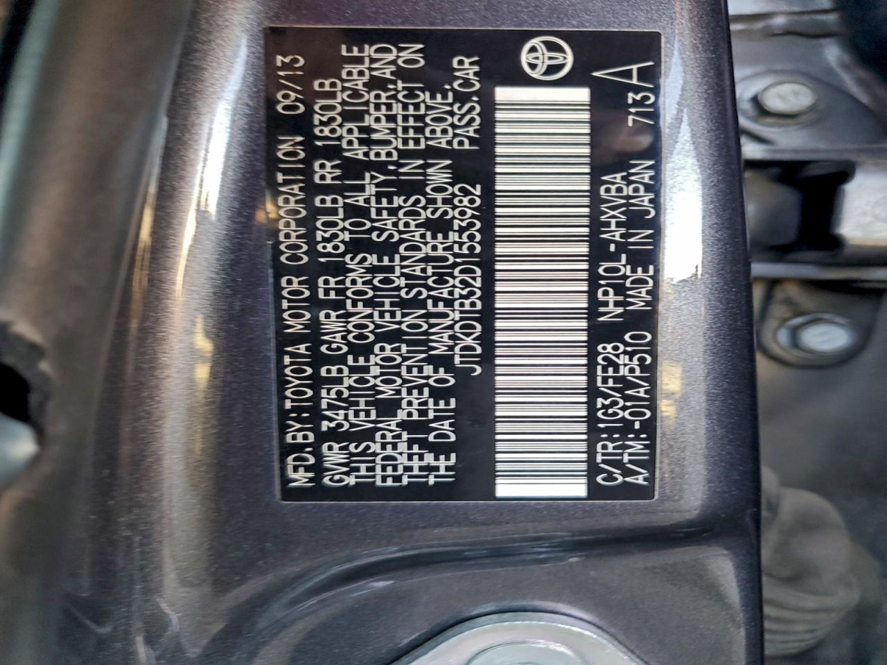 2013 Toyota Prius C VIN: JTDKDTB32D1553982 Lot: 95438695