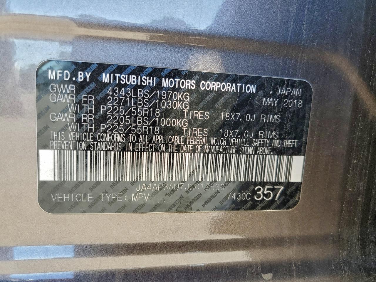 2018 Mitsubishi Outlander Sport Es VIN: JA4AP3AU7JU017630 Lot: 95124605