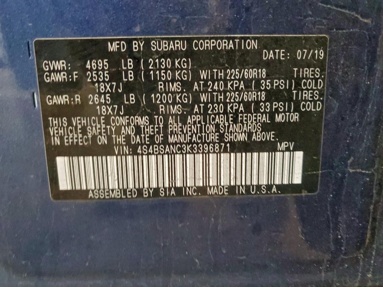 2019 Subaru Outback 2.5I Limited VIN: 4S4BSANC3K3396871 Lot: 94979315