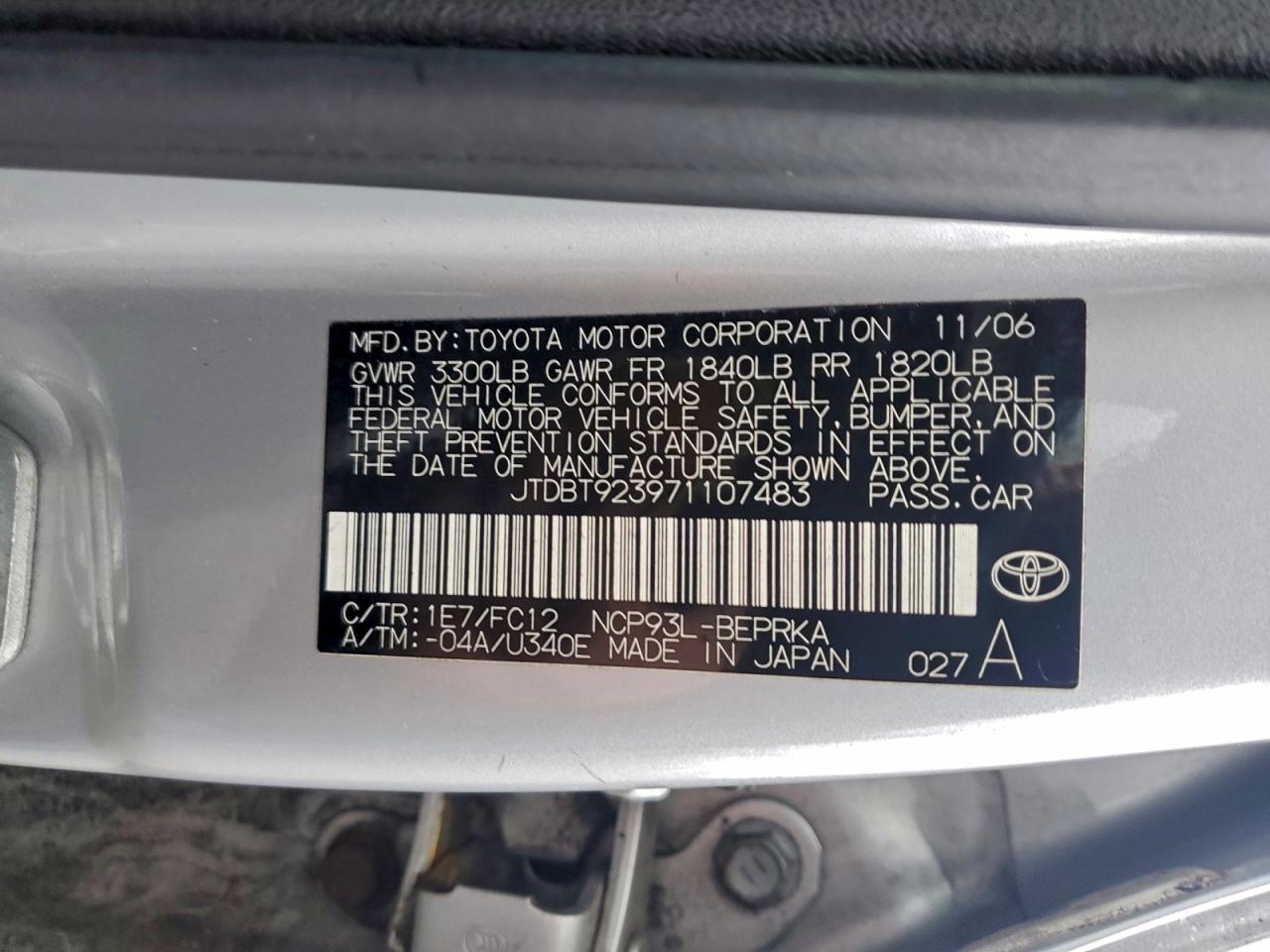 2007 Toyota Yaris VIN: JTDBT923971107483 Lot: 95880475