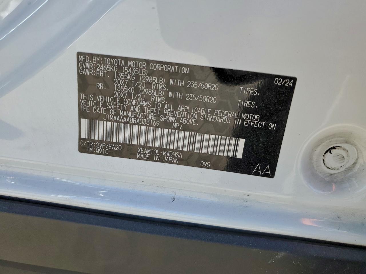 2024 Toyota Bz4X Xle VIN: JTMAAAAA8RA033169 Lot: 95922335