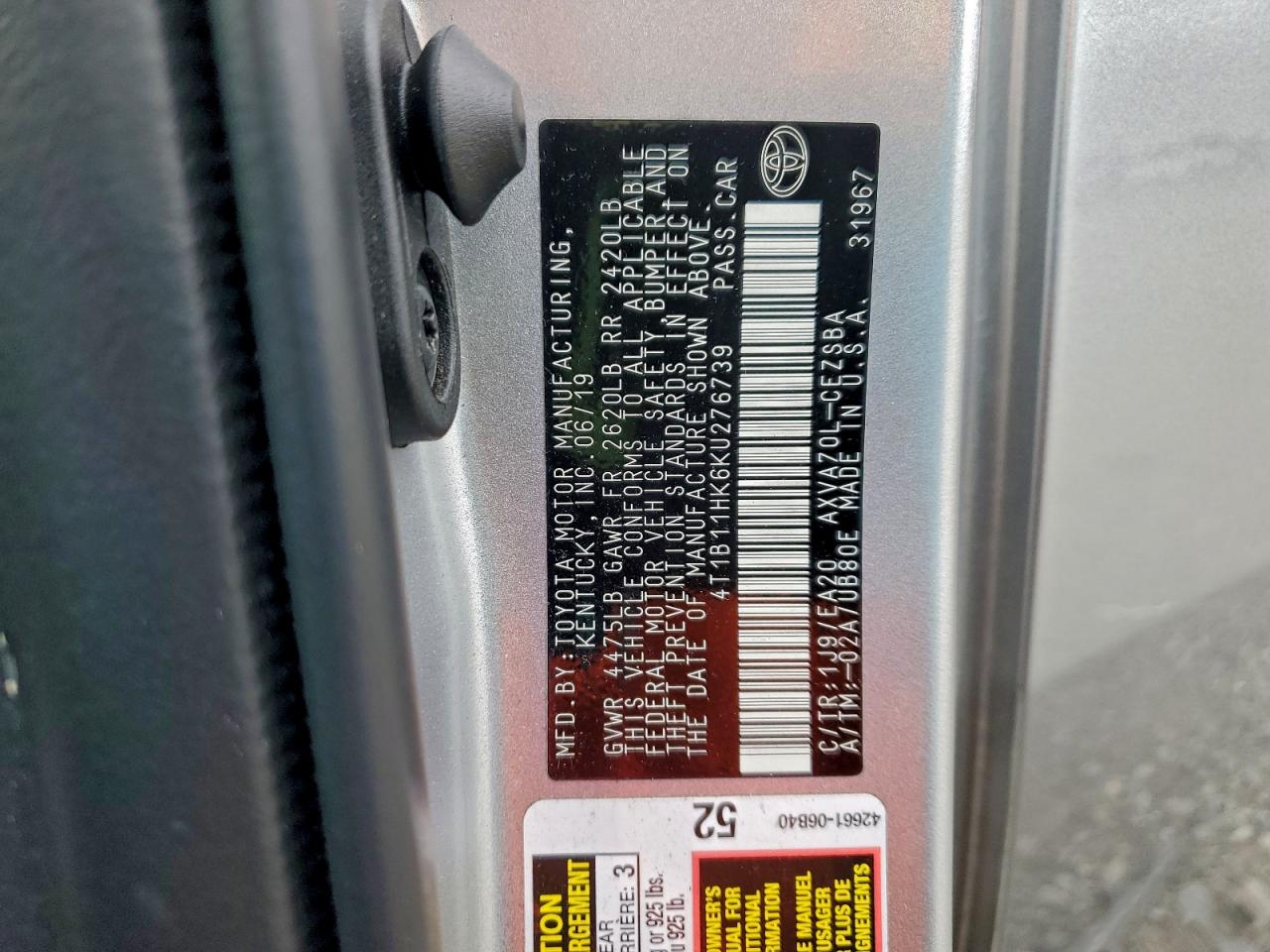 2019 Toyota Camry L VIN: 4T1B11HK6KU276739 Lot: 94694205