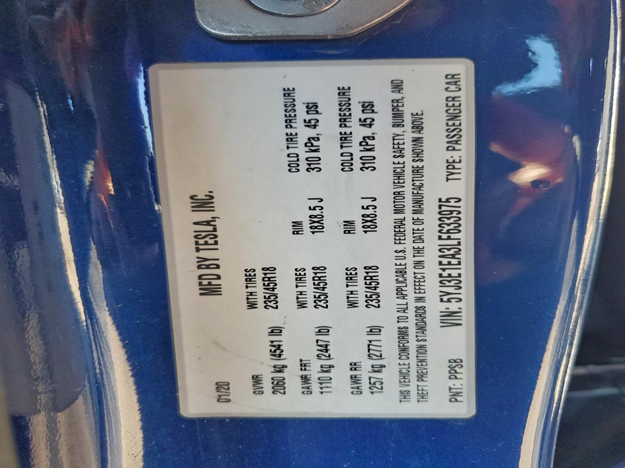 2020 Tesla Model 3 VIN: 5YJ3E1EA3LF633975 Lot: 94938115