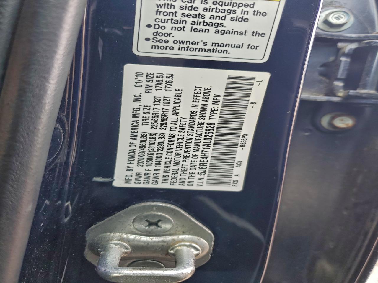 2010 Honda Cr-V Exl VIN: 5J6RE4H71AL026828 Lot: 95991345