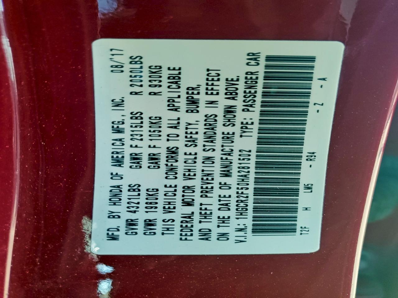 2017 Honda Accord Sport VIN: 1HGCR2F50HA281502 Lot: 94892025