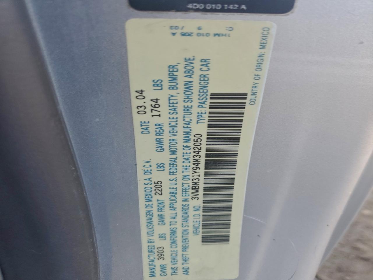 2004 Volkswagen New Beetle Gl VIN: 3VWBM31Y94M342050 Lot: 95854525