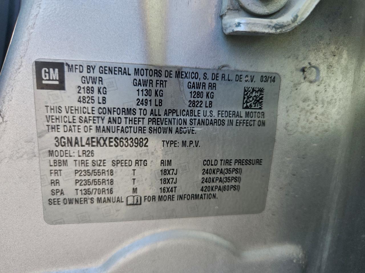 2014 Chevrolet Captiva Ltz VIN: 3GNAL4EKXES633982 Lot: 96502445