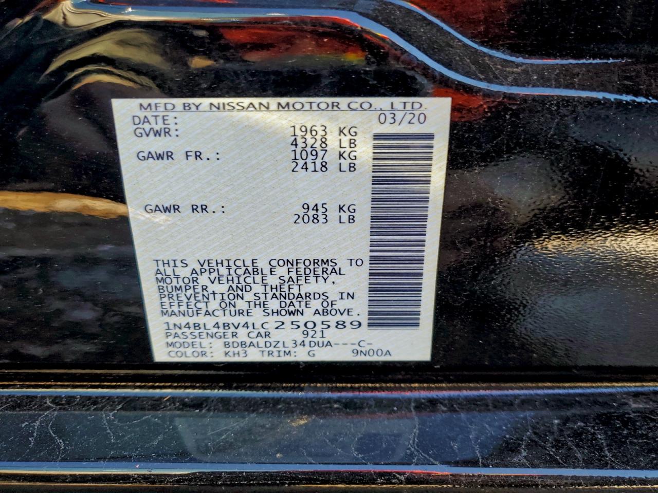 2020 Nissan Altima S VIN: 1N4BL4BV4LC250589 Lot: 95692595