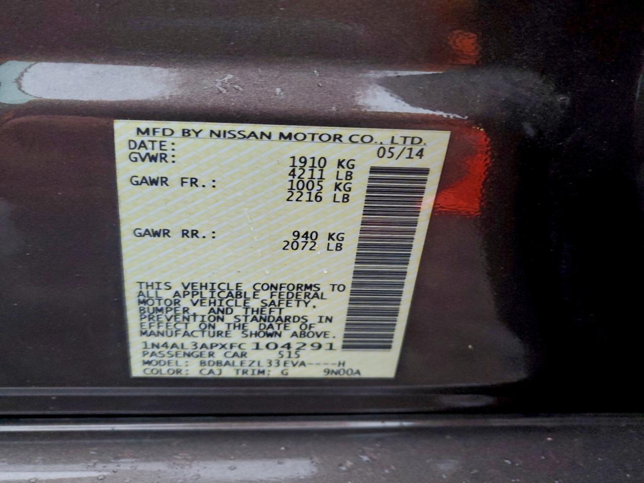 2015 Nissan Altima 2.5 VIN: 1N4AL3APXFC104291 Lot: 93961655