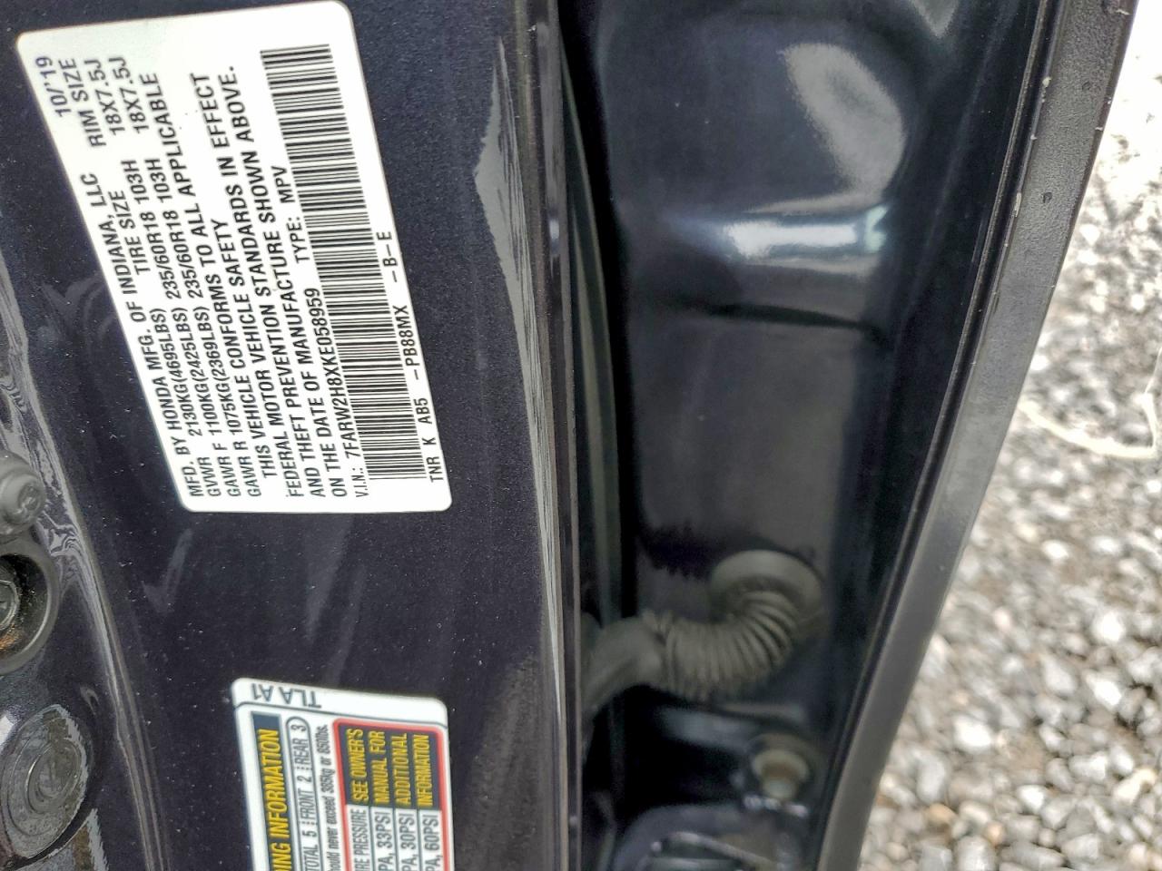 2019 Honda Cr-V Exl VIN: 7FARW2H8XKE058959 Lot: 95341005