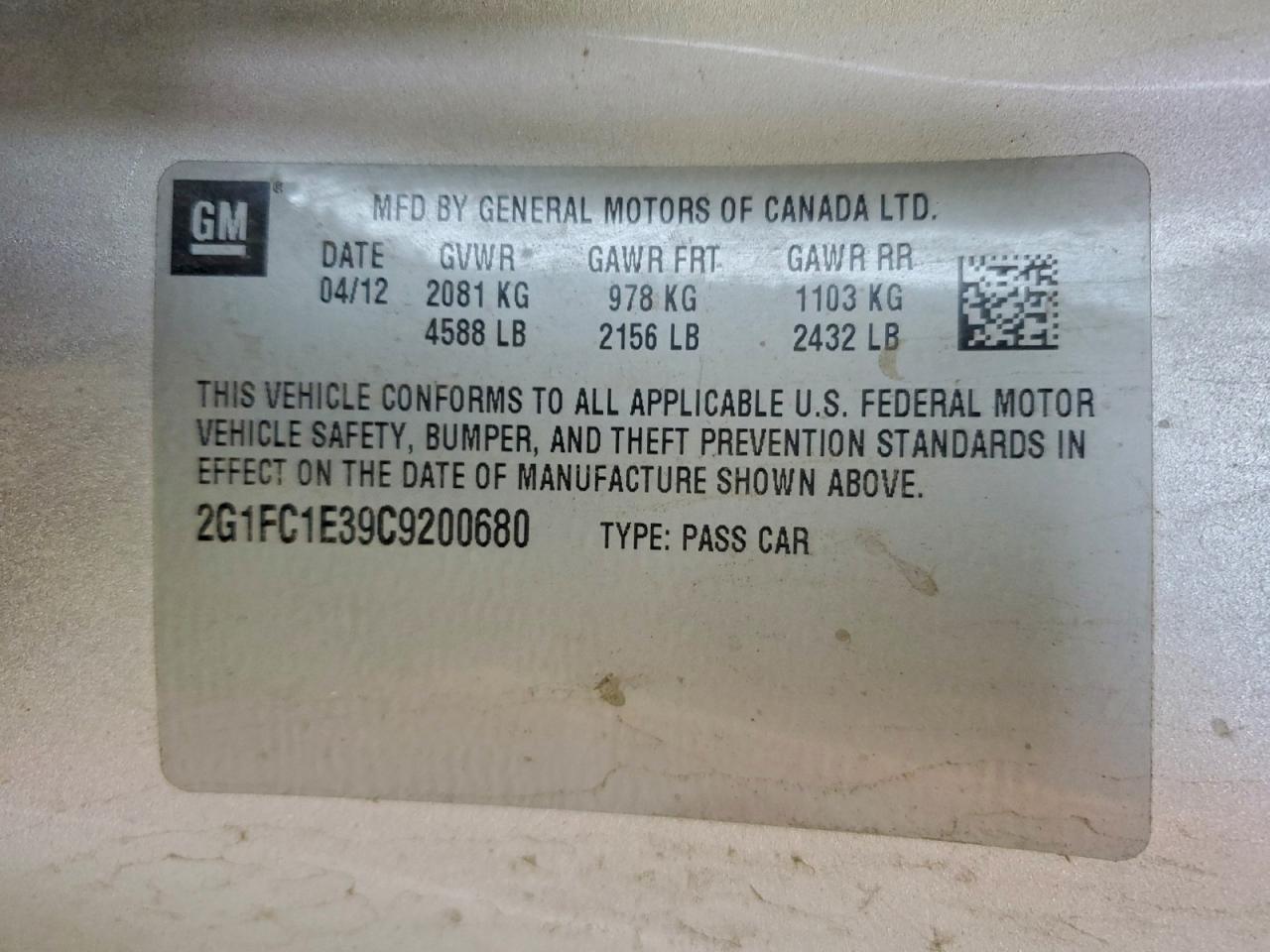 2012 Chevrolet Camaro Lt VIN: 2G1FC1E39C9200680 Lot: 95564565