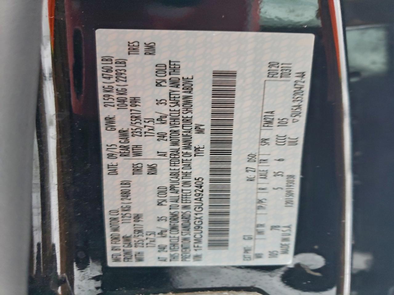 2016 Ford Escape Se VIN: 1FMCU9GX1GUA92405 Lot: 96694395