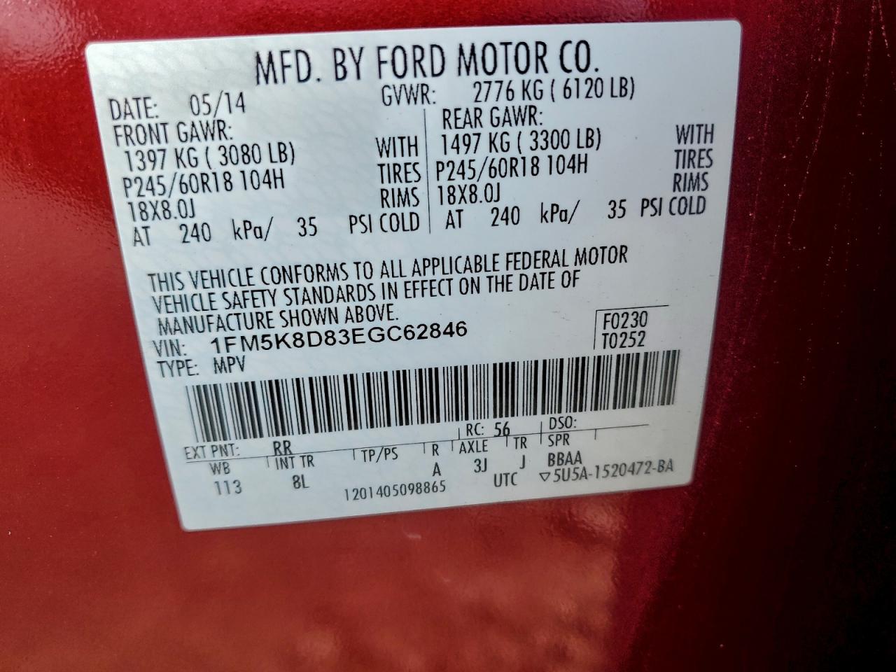 2014 Ford Explorer Xlt VIN: 1FM5K8D83EGC62846 Lot: 94307755