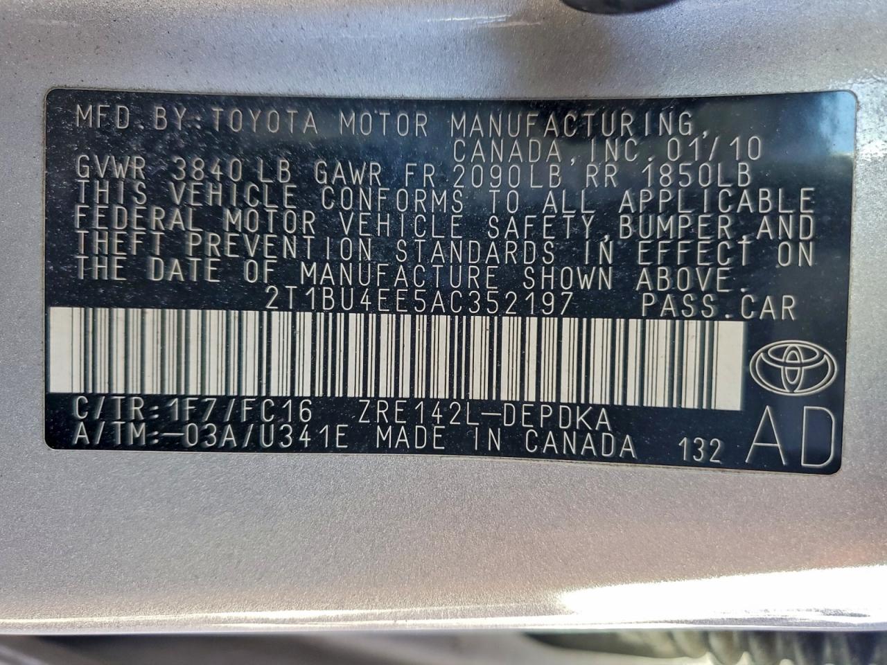 2010 Toyota Corolla Base VIN: 2T1BU4EE5AC352197 Lot: 96381655