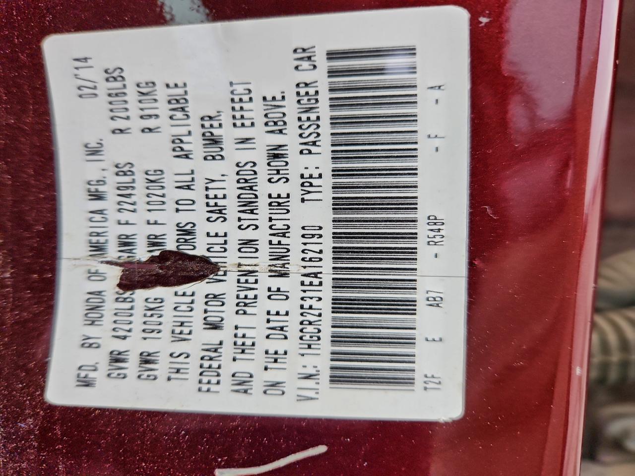 2014 Honda Accord Lx VIN: 1HGCR2F31EA162190 Lot: 94393315