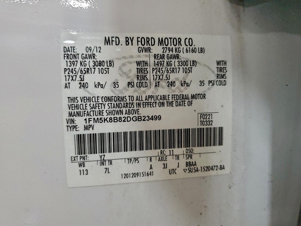 2013 Ford Explorer VIN: 1FM5K8B82DGB23499 Lot: 96988185