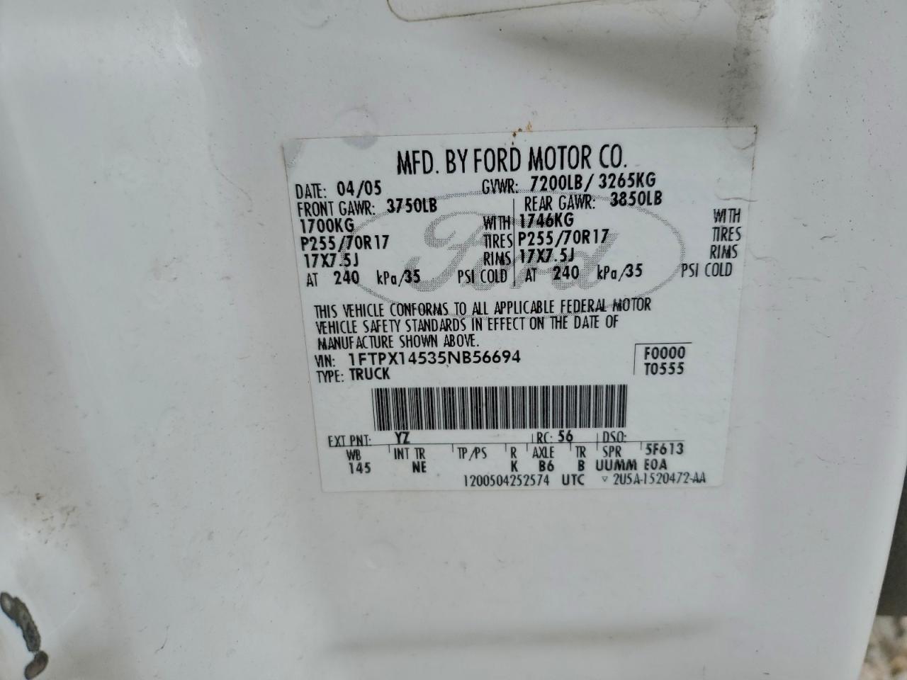 2005 Ford F150 VIN: 1FTPX14535NB56694 Lot: 94789195