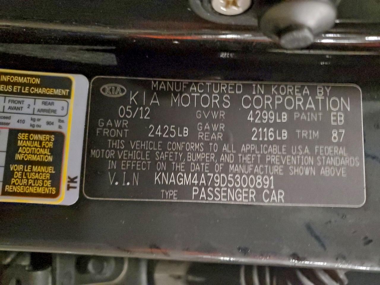 2013 Kia Optima Lx VIN: KNAGM4A79D5300891 Lot: 95392765