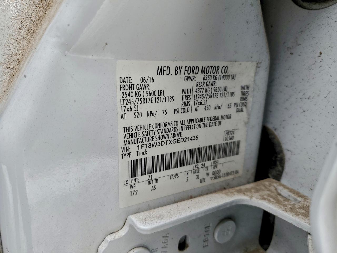 2016 Ford F350 Super Duty VIN: 1FT8W3DTXGED21435 Lot: 94938375