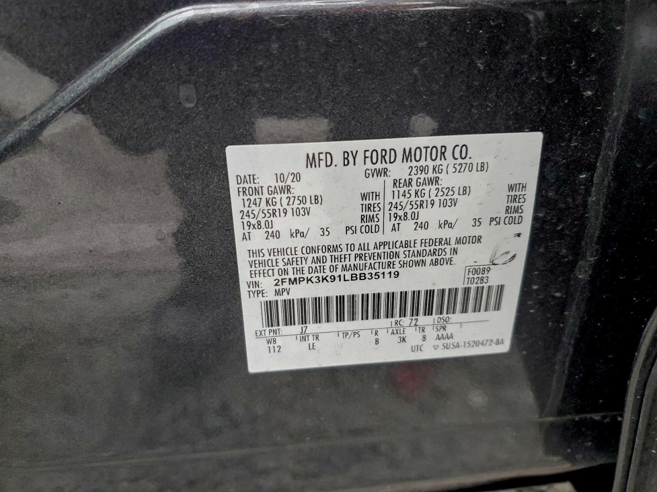 2020 Ford Edge Titanium VIN: 2FMPK3K91LBB35119 Lot: 95677055